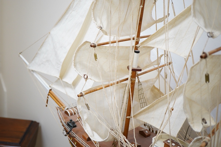 A large wooden ship model 'Amerigo Vespucci' three masted fully rigged and stand, 108cm high